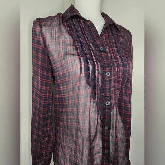 American Eagle Sheer Long Sleeve Ruffle Plaid Blouse - Picture 2 of 8
